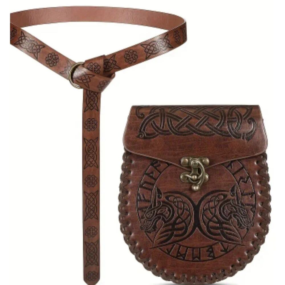 Viking Belt Bag Set Vegan Leather Dragon Boat Knot Work Medieval Warrior Cosplay